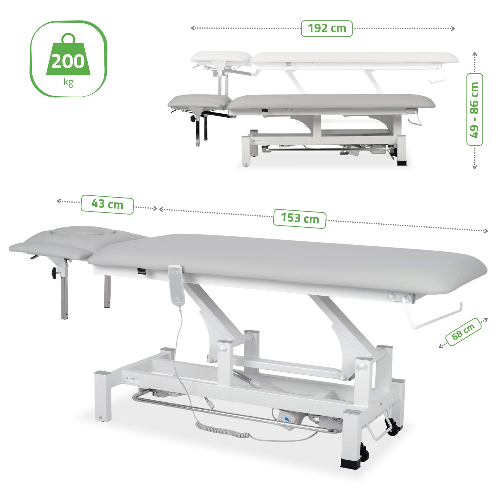 Fortis 4 ERGO treatment table, electric height adjustment with foot control bar, ERGO cushion, k729 light gray
